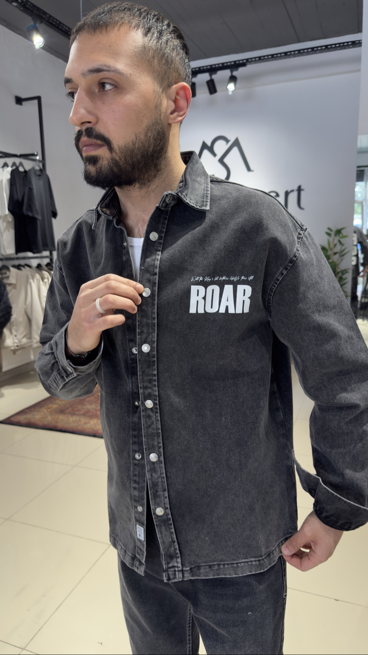 Oversize Baskılı Denim Gömlek Antrasit  