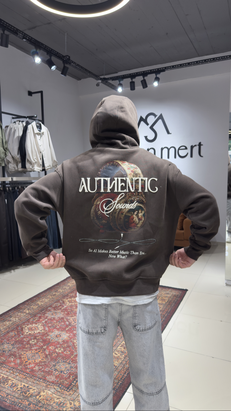 Oversize Fırçalı Kumaş Baskı Nakış İşlemeli Hoodie Acı Kahve 