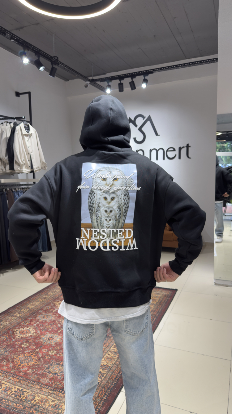 Oversize Baskılı Nakışlı Hoodie Siyah
