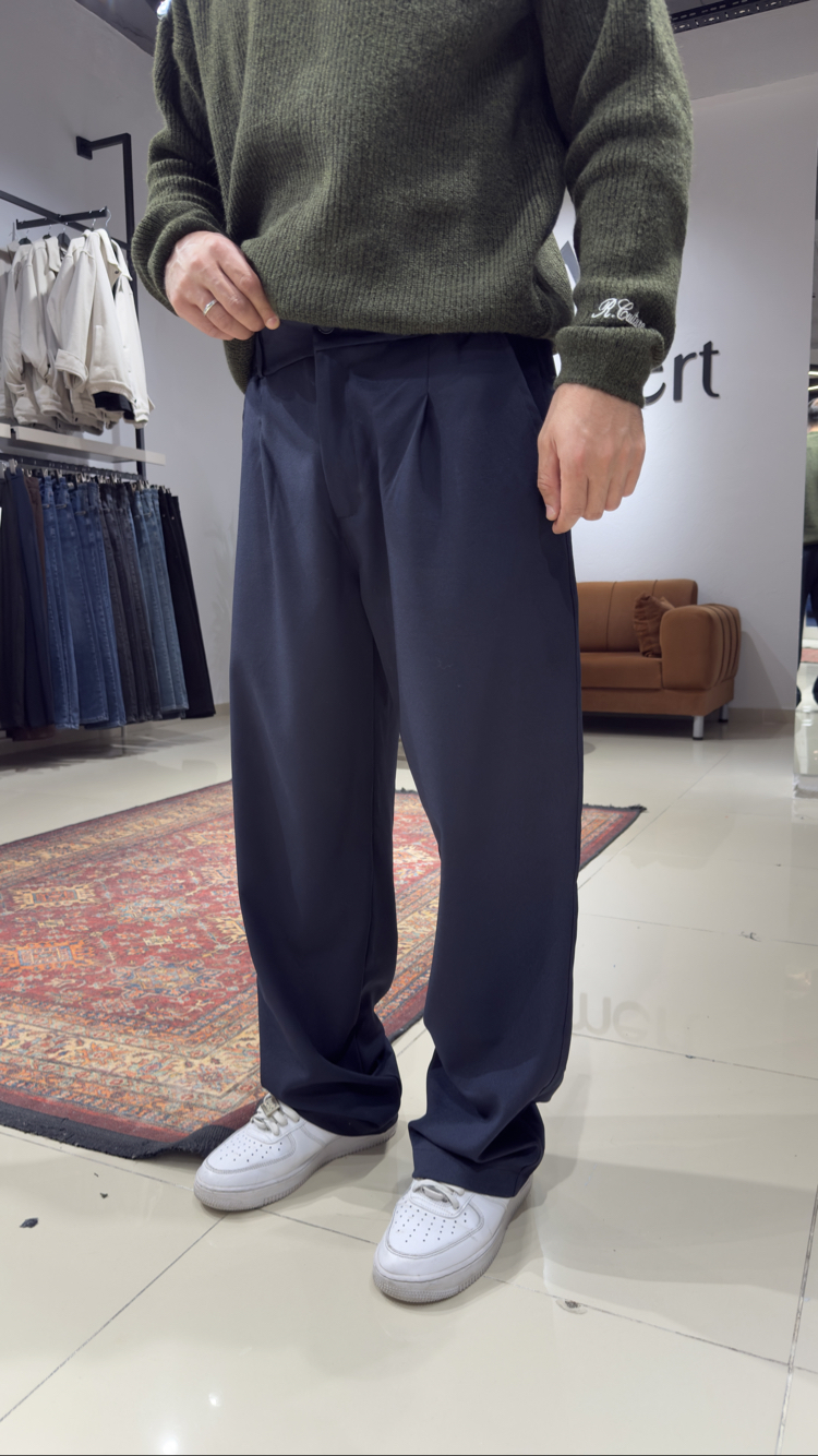 Baggy Pileli Kumaş Pantolon Lacivert  