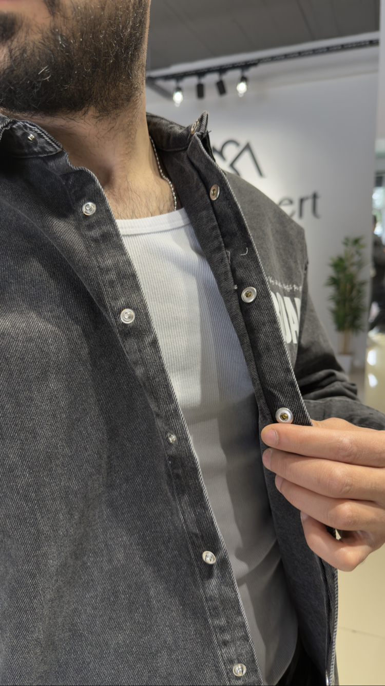 Oversize Baskılı Denim Gömlek Antrasit  