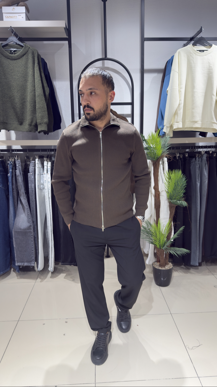 Regular Fit Çift Fermuar Triko Hırka Acı Kahve