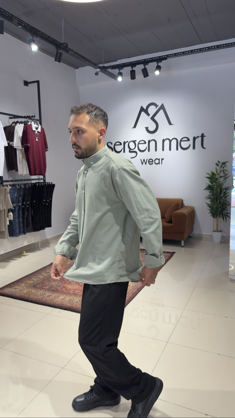 Oversize %100 Pamuk Keten Gömlek Çağla Yeşili