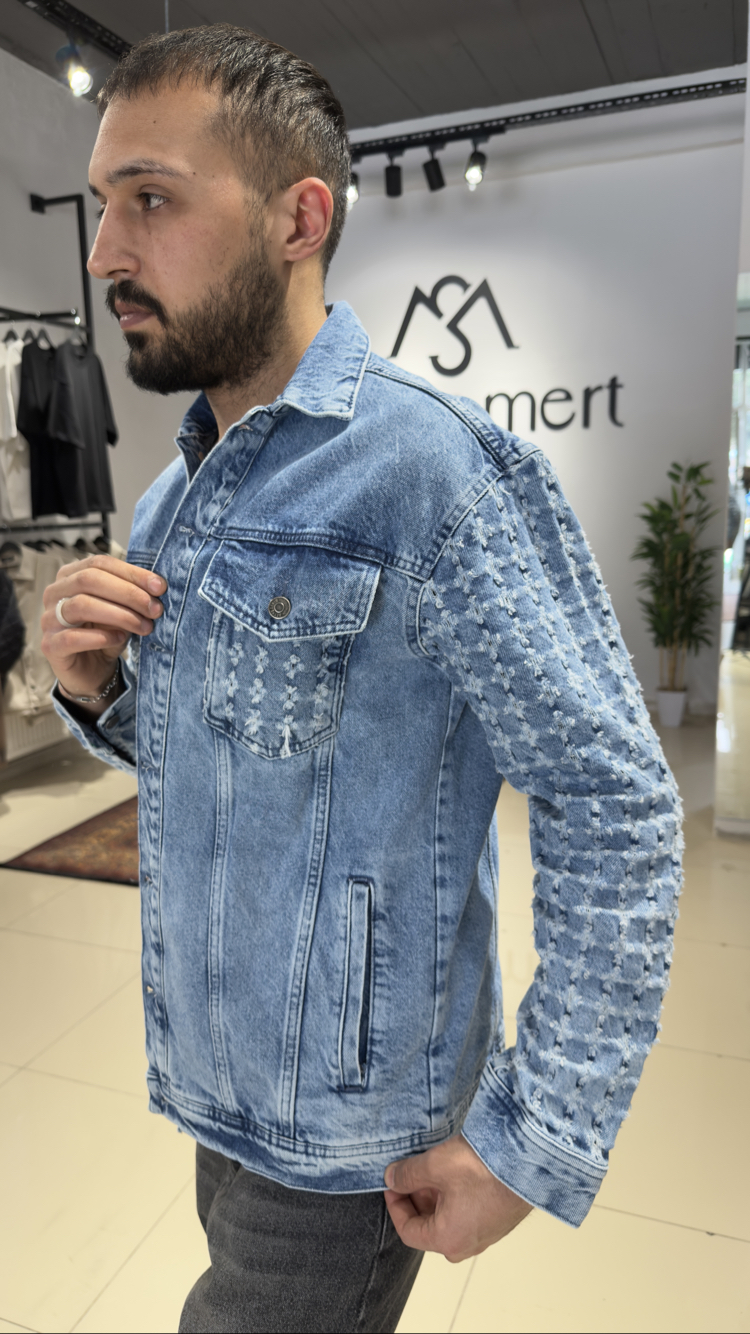 Oversize Kol Detaylı Denim Ceket Buz Mavi
