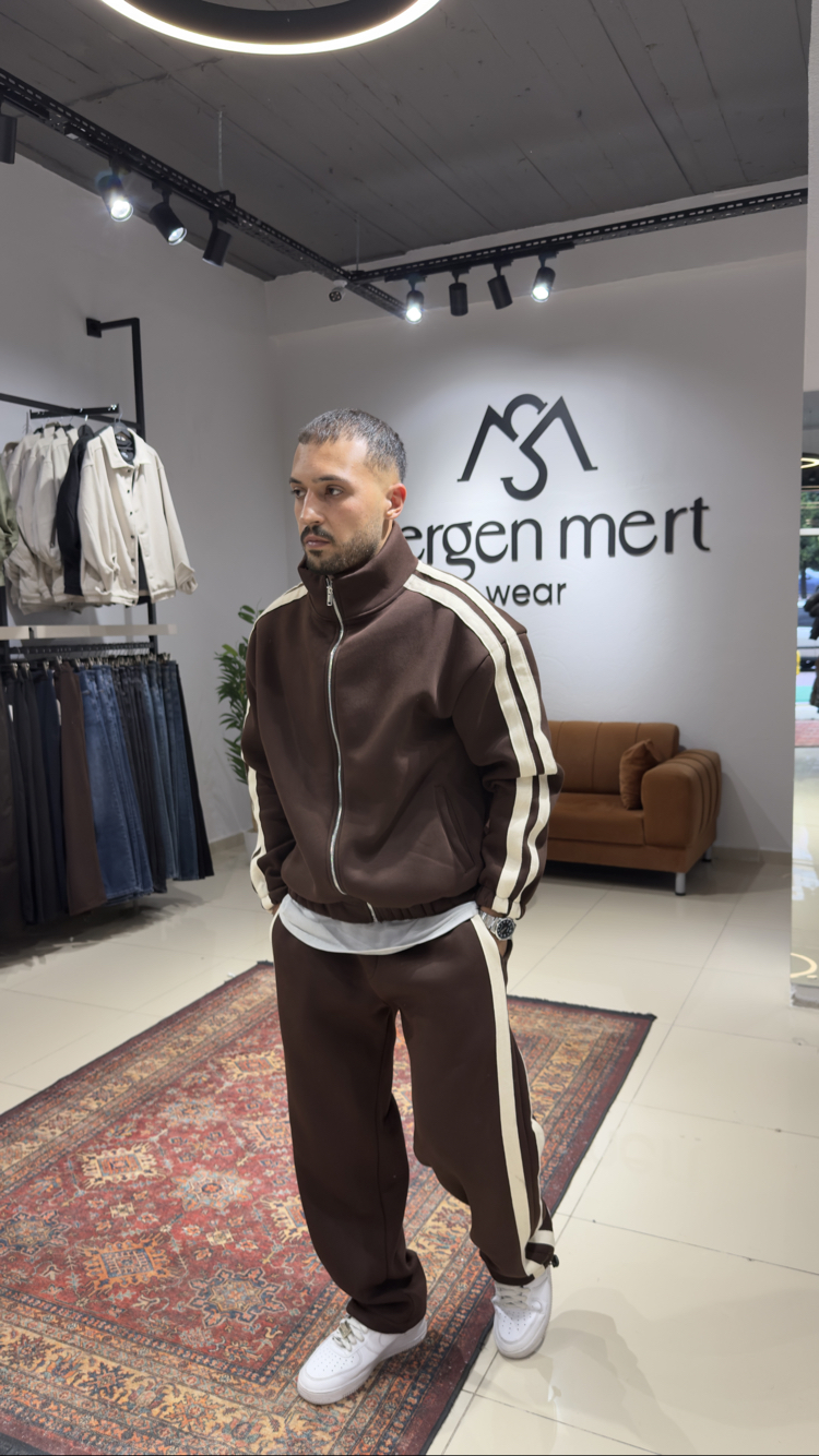 Oversize Şeritli Eşofman Takımı Kahverengi 