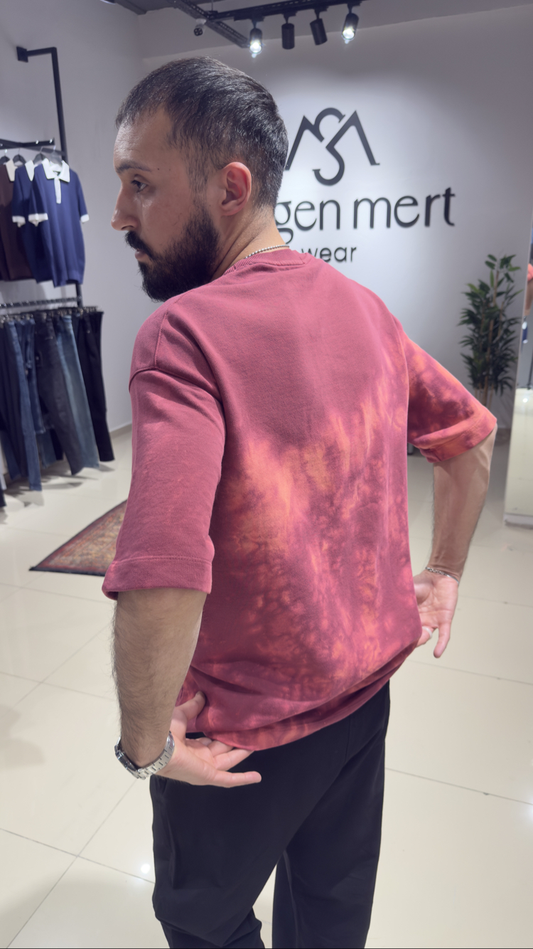 Oversize Yıkamalı Üç İplik Ham Kumaş Desenli Nakışlı Tişört Gül Kurusu 