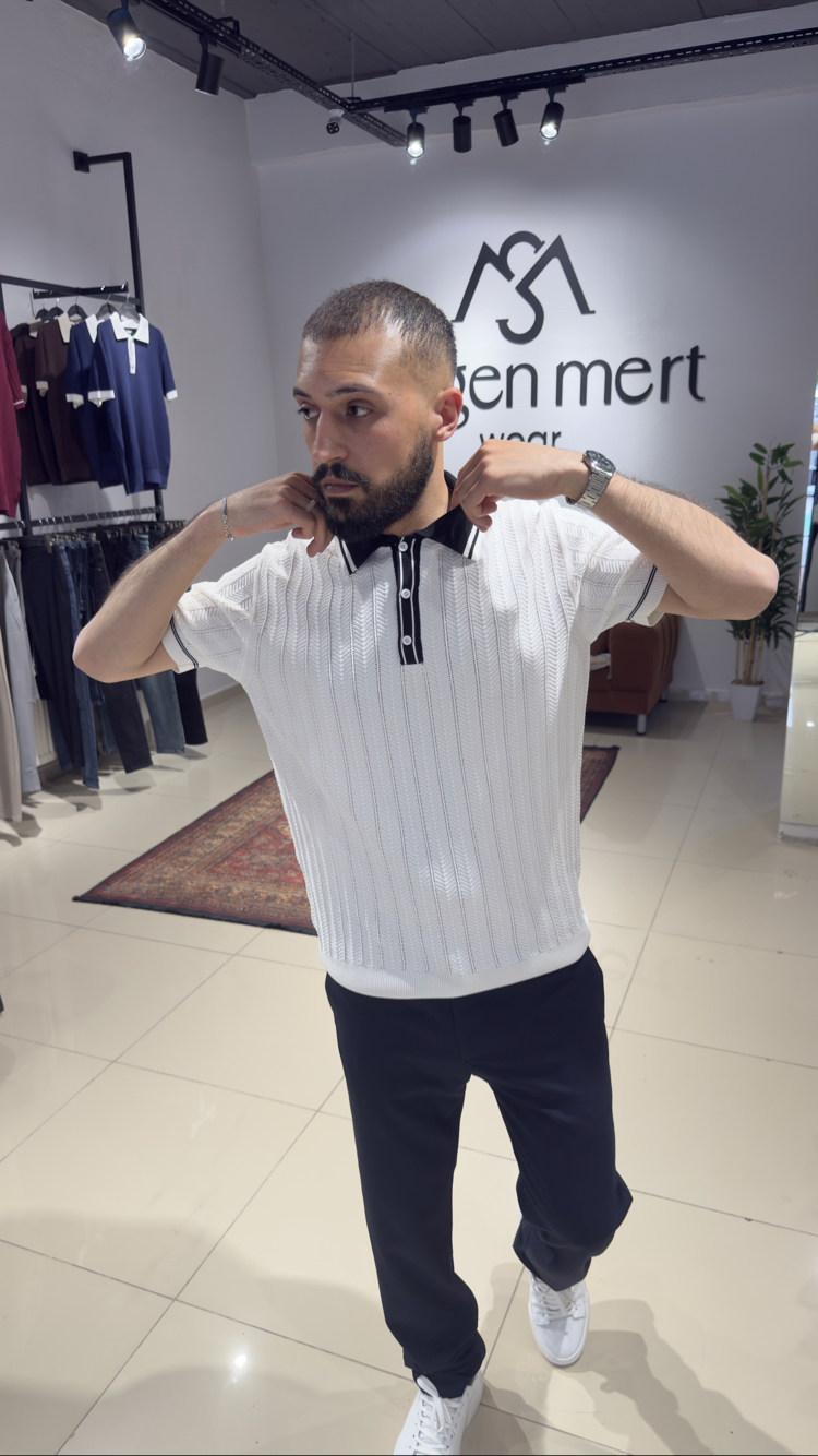 Regular Fit Polo Yaka Örgü Triko Tişört Beyaz (Premium) 