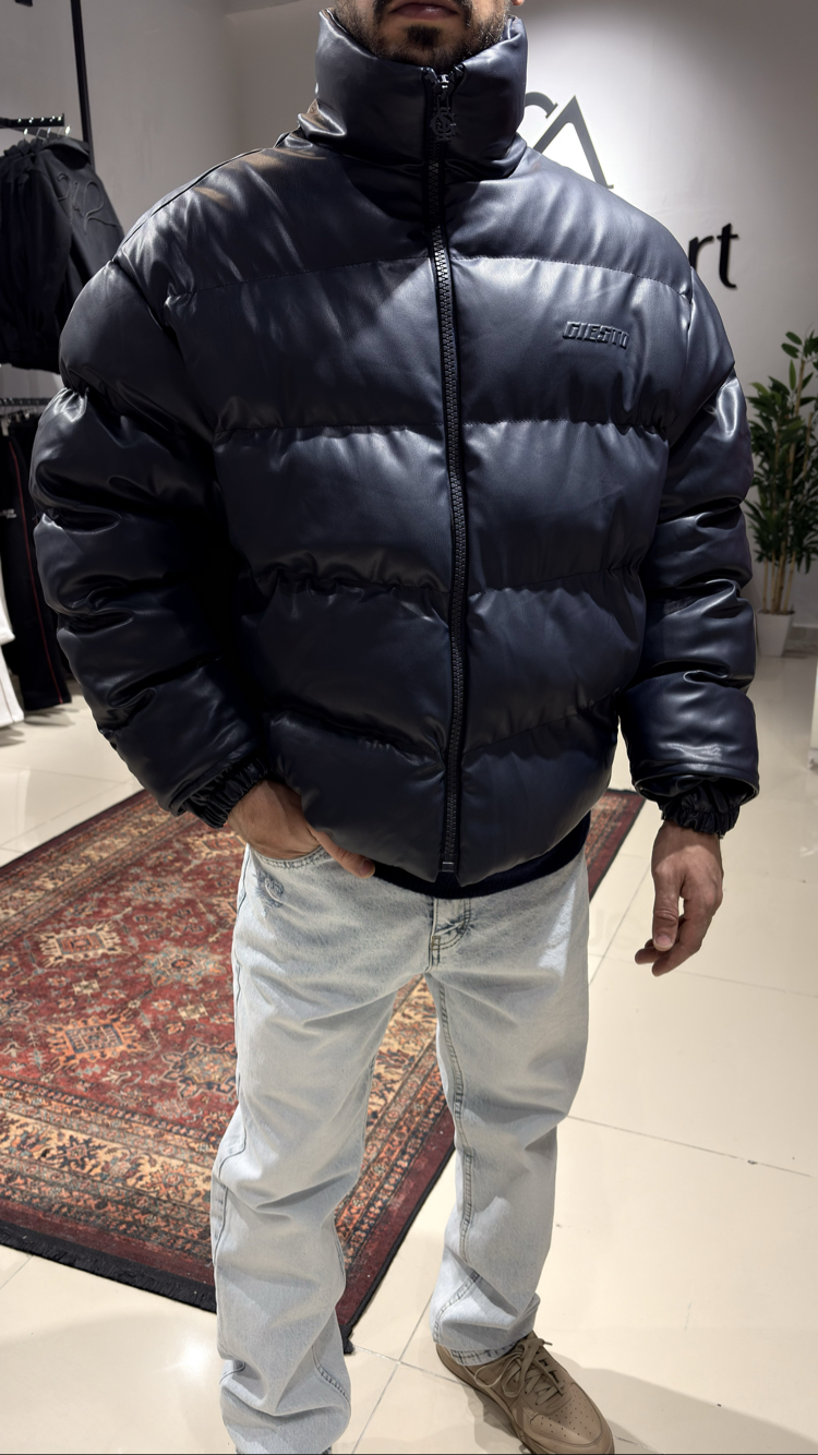 Oversize Kabartma Baskı Detaylı Şişme Deri Mont Lacivert