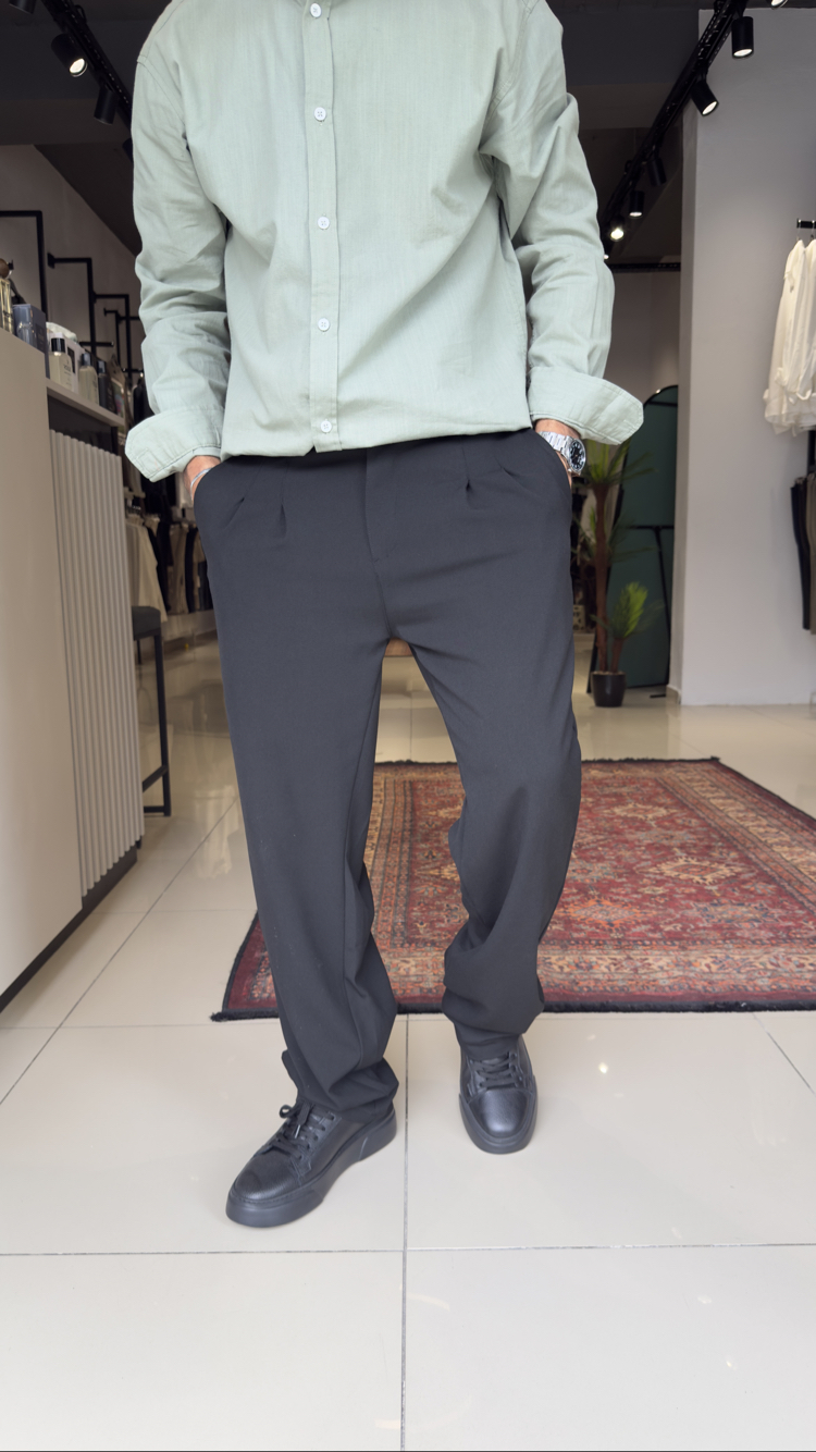 Baggy Pileli Kumaş Pantolon Siyah