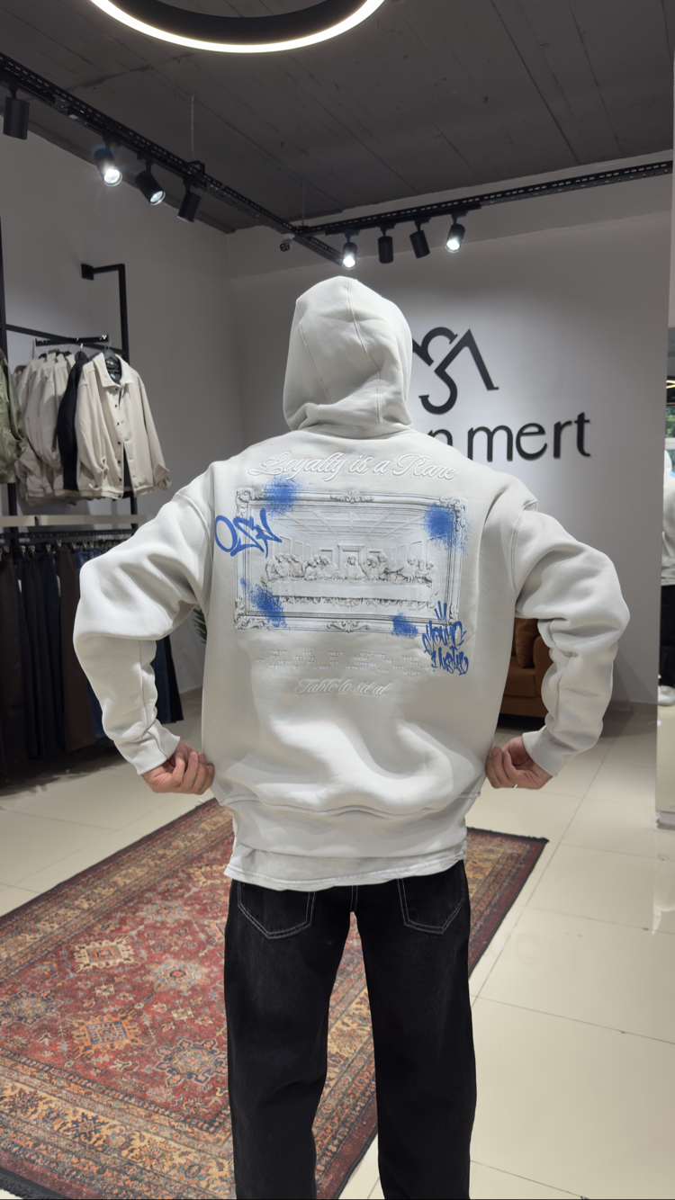 Oversize Baskılı Nakışlı Hoodie Açık Gri