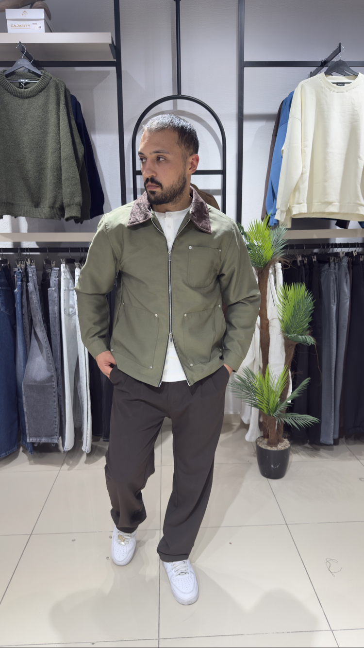 Regular Fit Kadife Yaka Ceket Haki 