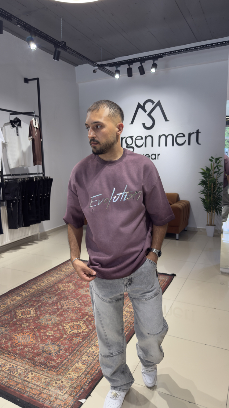 Oversize Silikon Baskı Detaylı Yıkamalı Tişört Bordo
