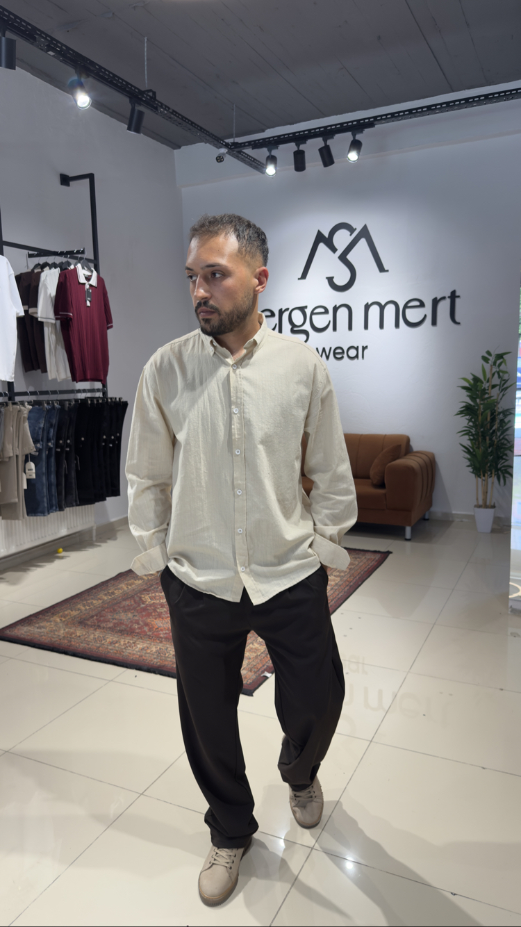 Oversize %100 Pamuk Keten Gömlek Bej