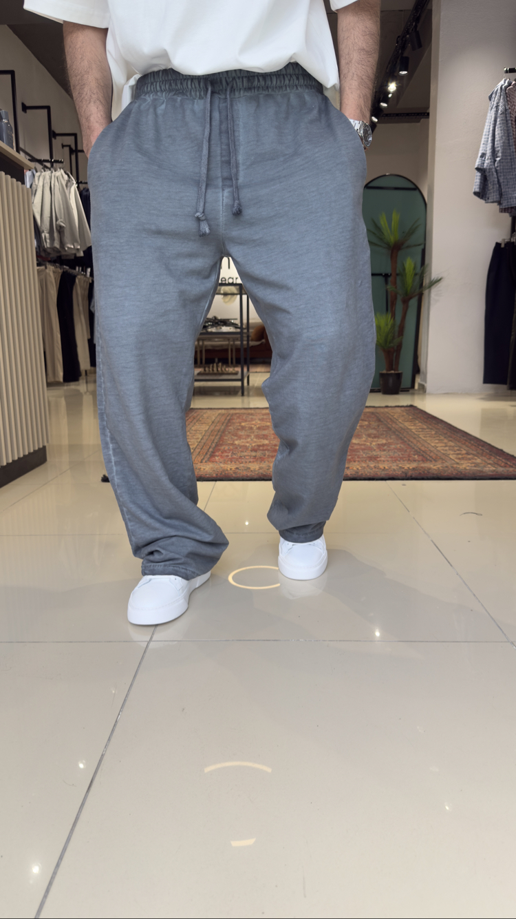 Baggy İki İplik Yıkamalı Eşofman Altı Füme Mavi