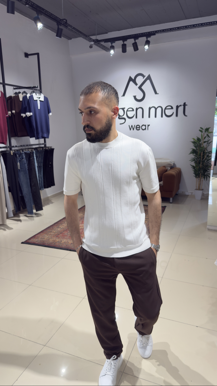 Regular Fit Desenli Triko Tişört Beyaz