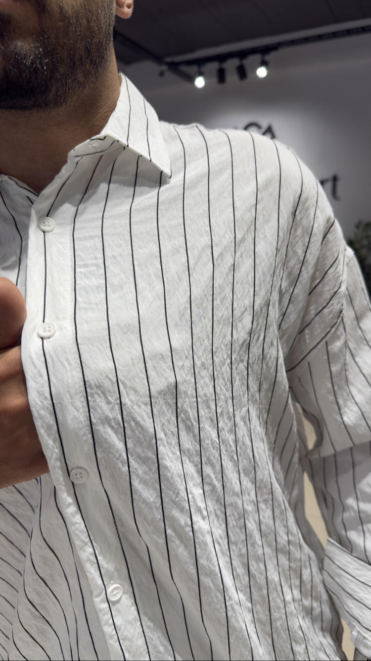 Oversize Siyah Çizgili Modal Gömlek Beyaz 