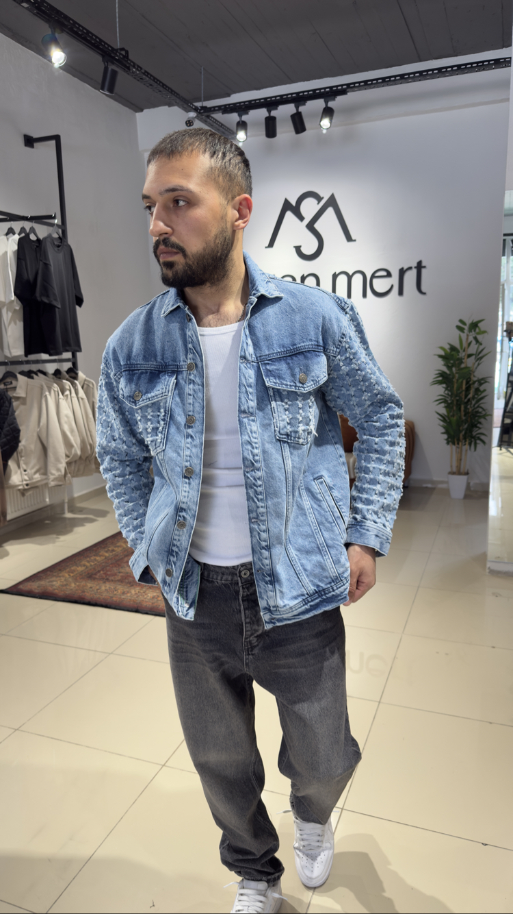 Oversize Kol Detaylı Denim Ceket Buz Mavi