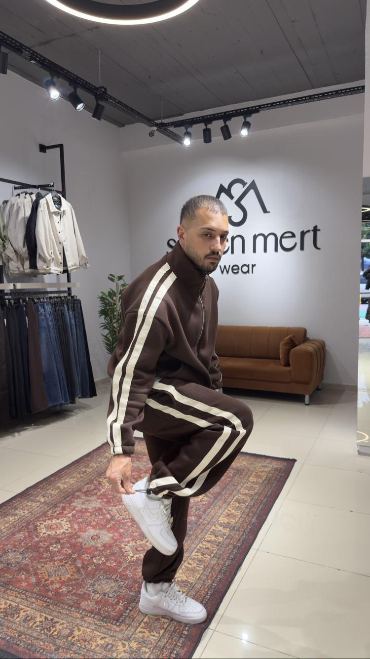 Oversize Şeritli Eşofman Takımı Kahverengi 