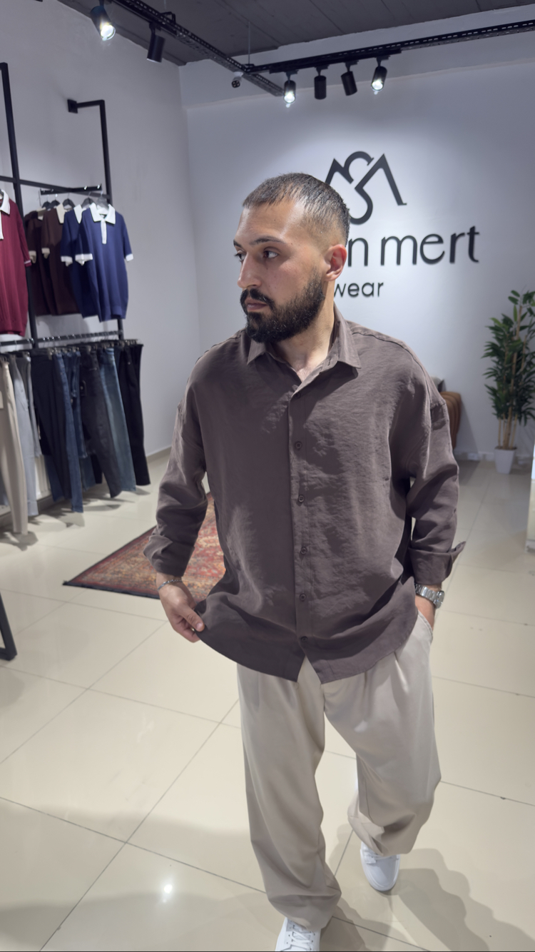 Oversize Yıkamalı Modal Kumaş Gömlek Kahverengi (Premium)