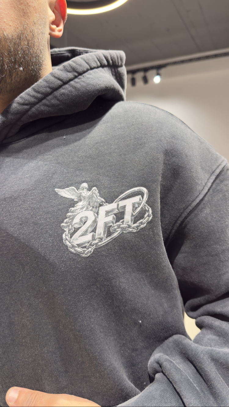 Oversize Yıkamalı Kumaş Baskılı Hoodie Koyu Gri