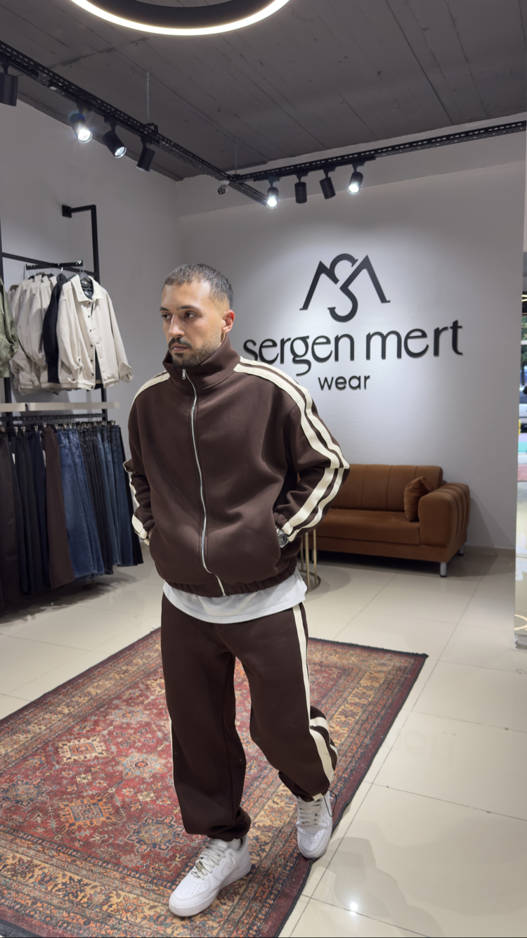 Oversize Şeritli Eşofman Takımı Kahverengi 