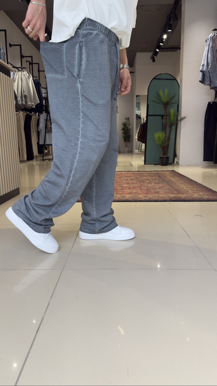 Baggy İki İplik Yıkamalı Eşofman Altı Füme Mavi