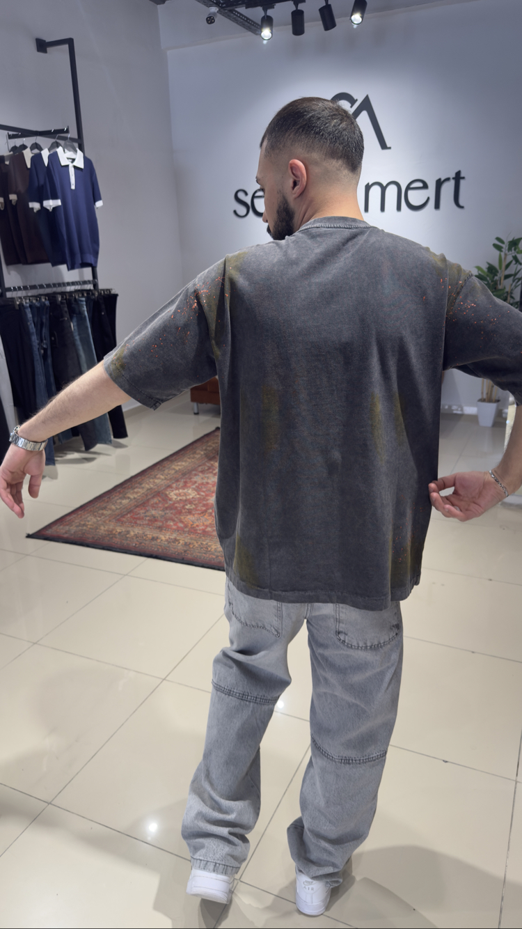 Oversize Baskı Boya Püskürtme Yıkamalı Süprem Tişört Antrasit