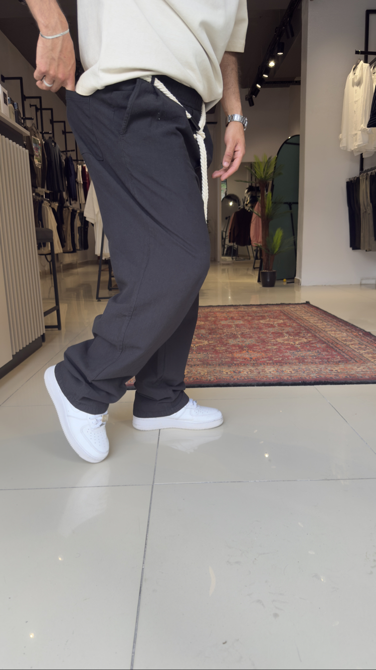 Baggy Kemerli Keten Pantolon Siyah
