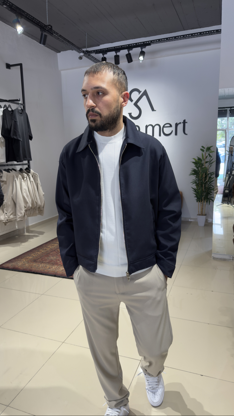 Crop Fit Çift Fermuarlı Mevsimlik Ceket Lacivert (Premium) 