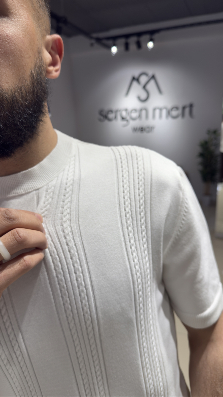 Regular Fit Desenli Triko Tişört Beyaz