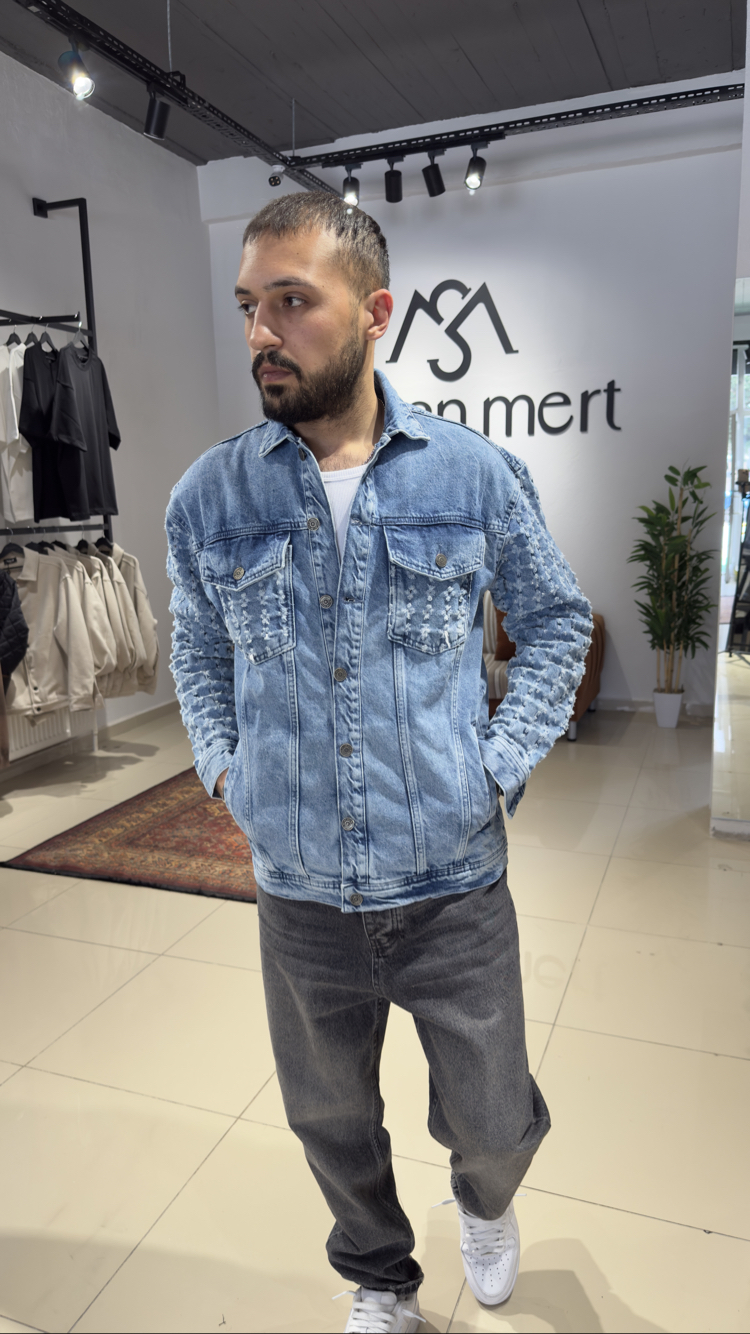 Oversize Kol Detaylı Denim Ceket Buz Mavi