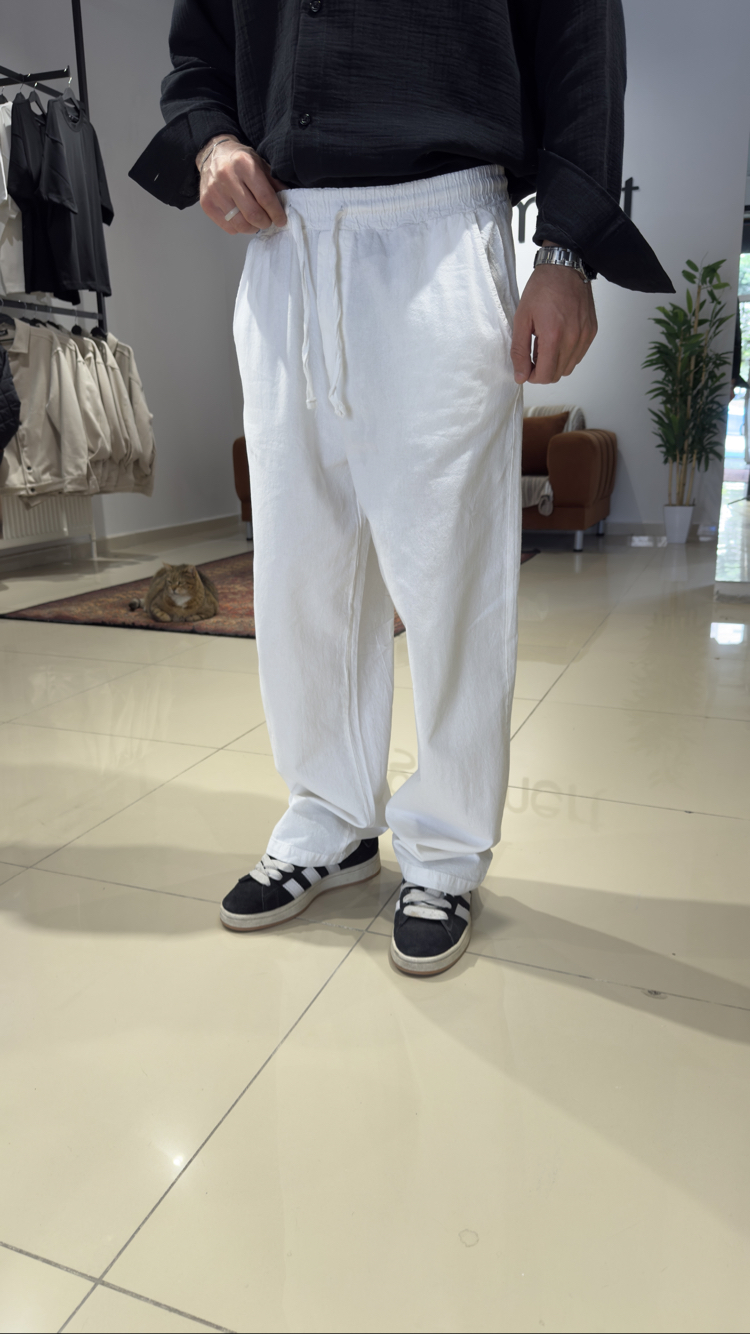 Baggy Keten Pantolon Ekru 