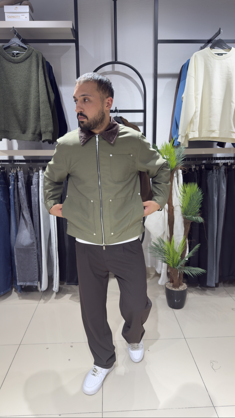 Regular Fit Kadife Yaka Ceket Haki 