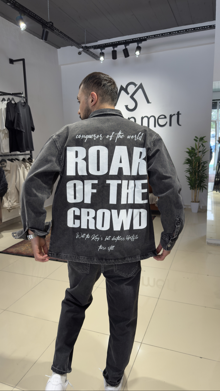 Oversize Baskılı Denim Gömlek Antrasit  