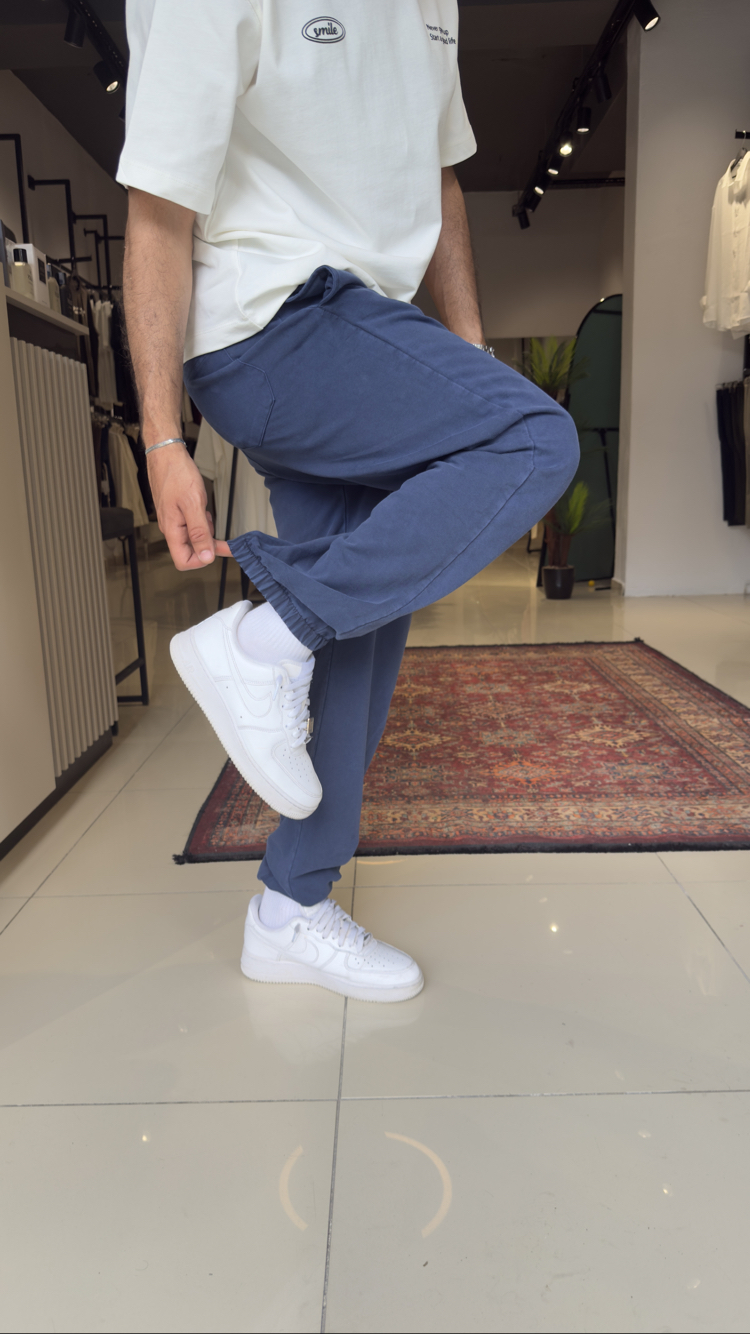 Paça Lastikli Baskı Detaylı Yıkamalı Eşofman Altı Lacivert
