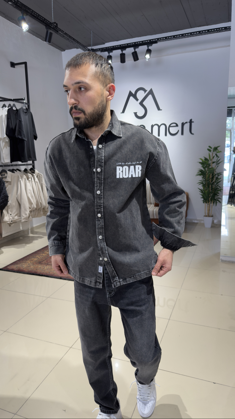 Oversize Baskılı Denim Gömlek Antrasit  