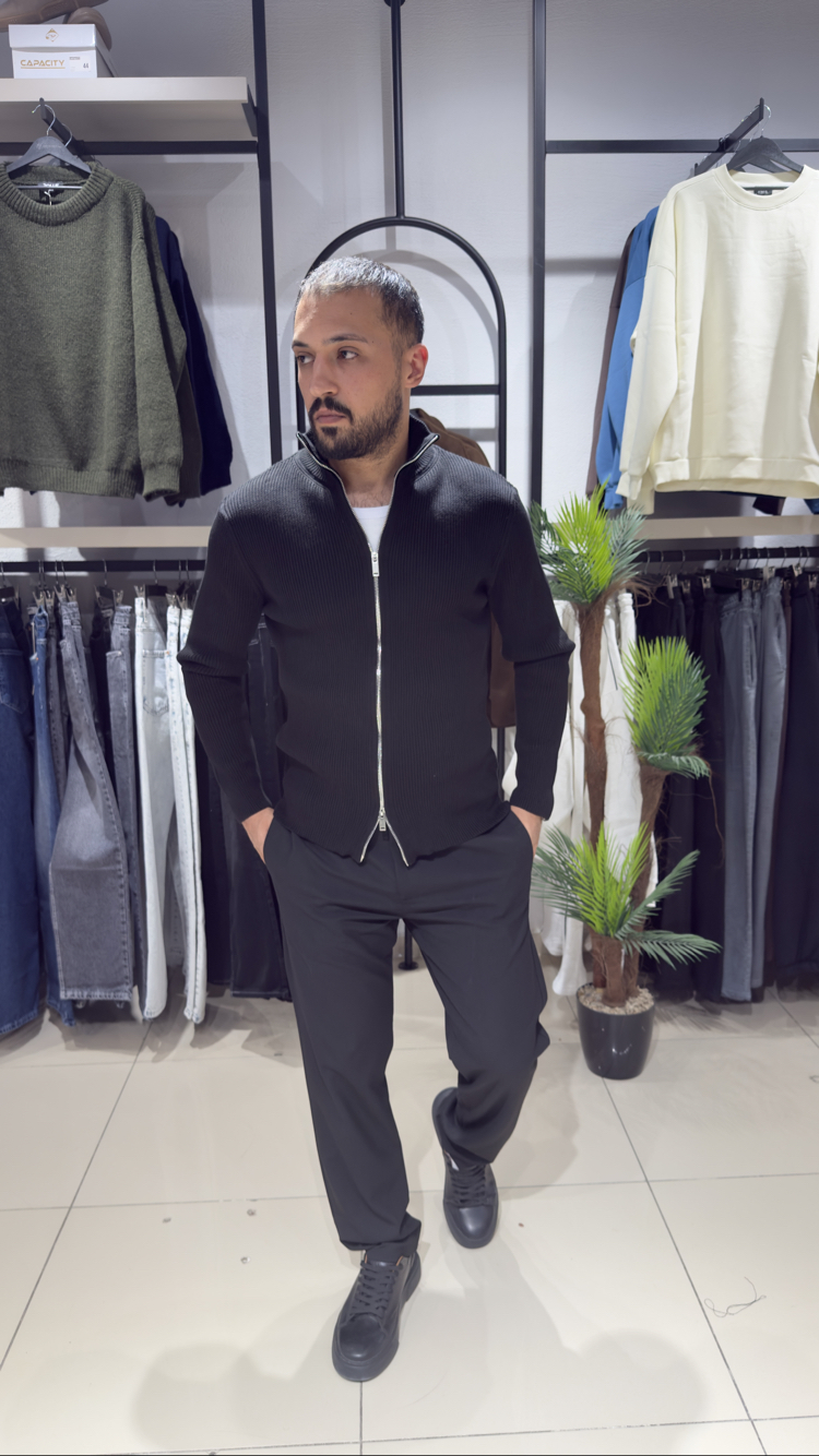 Regular Fit Çift Fermuar Triko Hırka Siyah