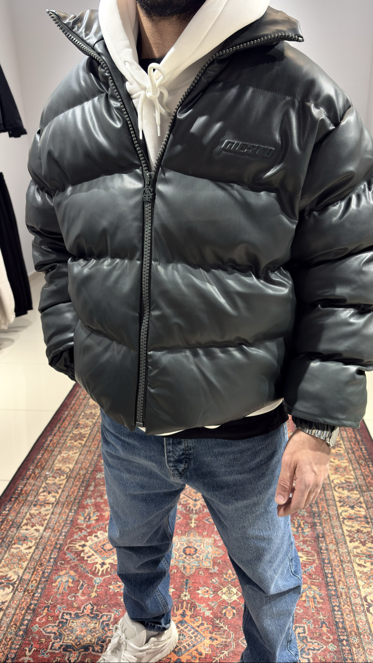Oversize Kabartma Baskı Detaylı Şişme Deri Mont Petrol Yeşili