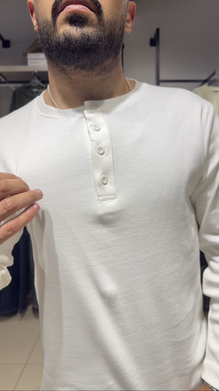 Regular Fitilli Henley Yaka Uzun Kollu Tişört Beyaz