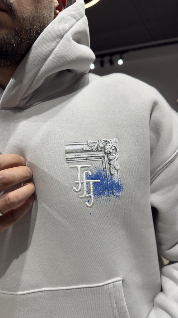 Oversize Baskılı Nakışlı Hoodie Açık Gri