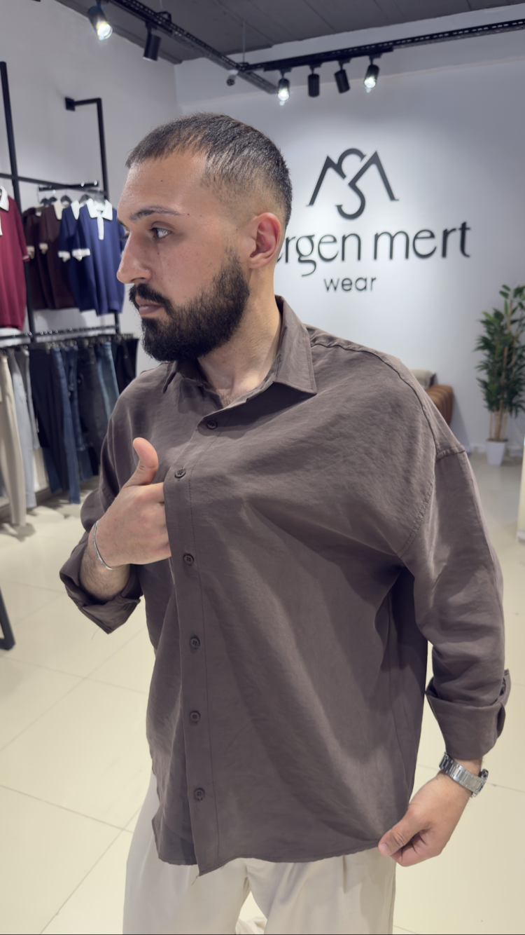 Oversize Yıkamalı Modal Kumaş Gömlek Kahverengi (Premium)