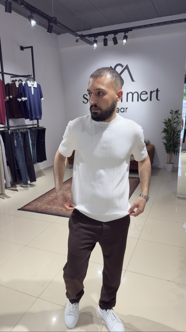 Regular Fit Desenli Triko Tişört Beyaz