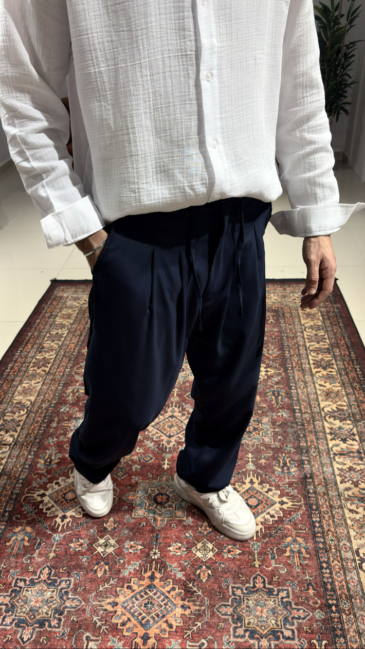 Baggy Pileli Kumaş Pantolon Lacivert