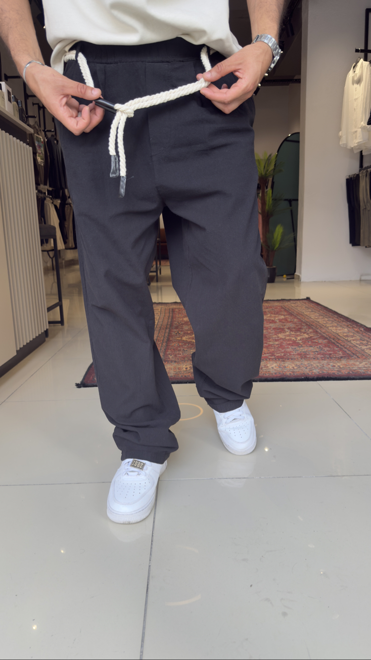 Baggy Kemerli Keten Pantolon Siyah