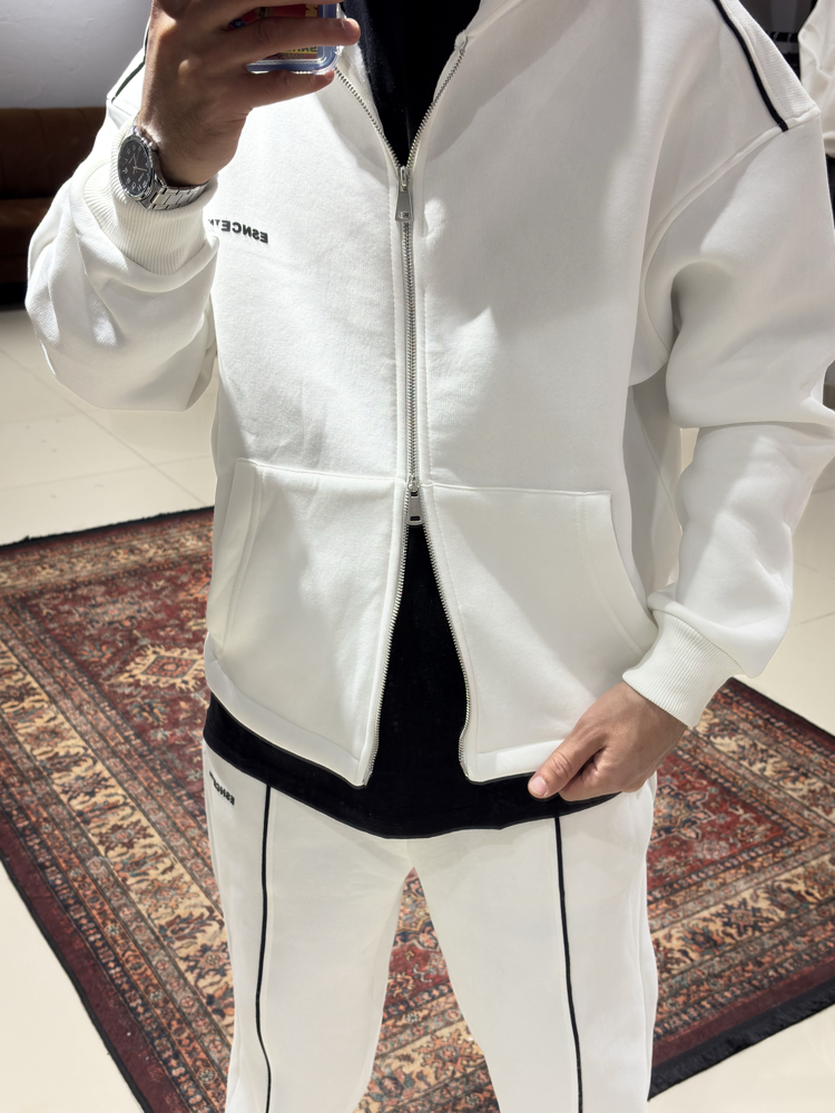 Siyah Şerit Detaylı Fermuarlı Hoodie Set Beyaz