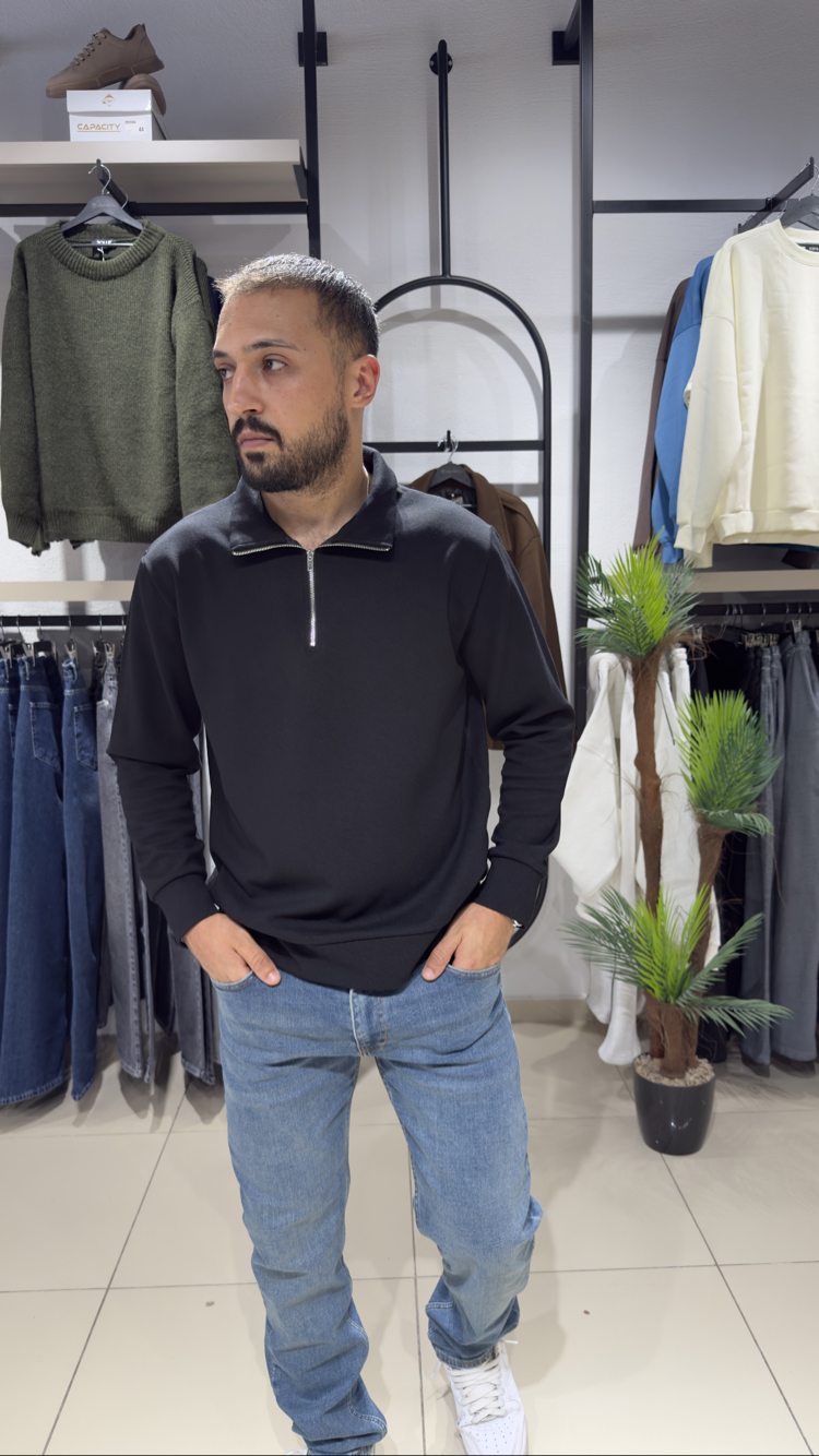 Regular İnterlok Kumaş Yarım Fermuar Sweatshirt Siyah 