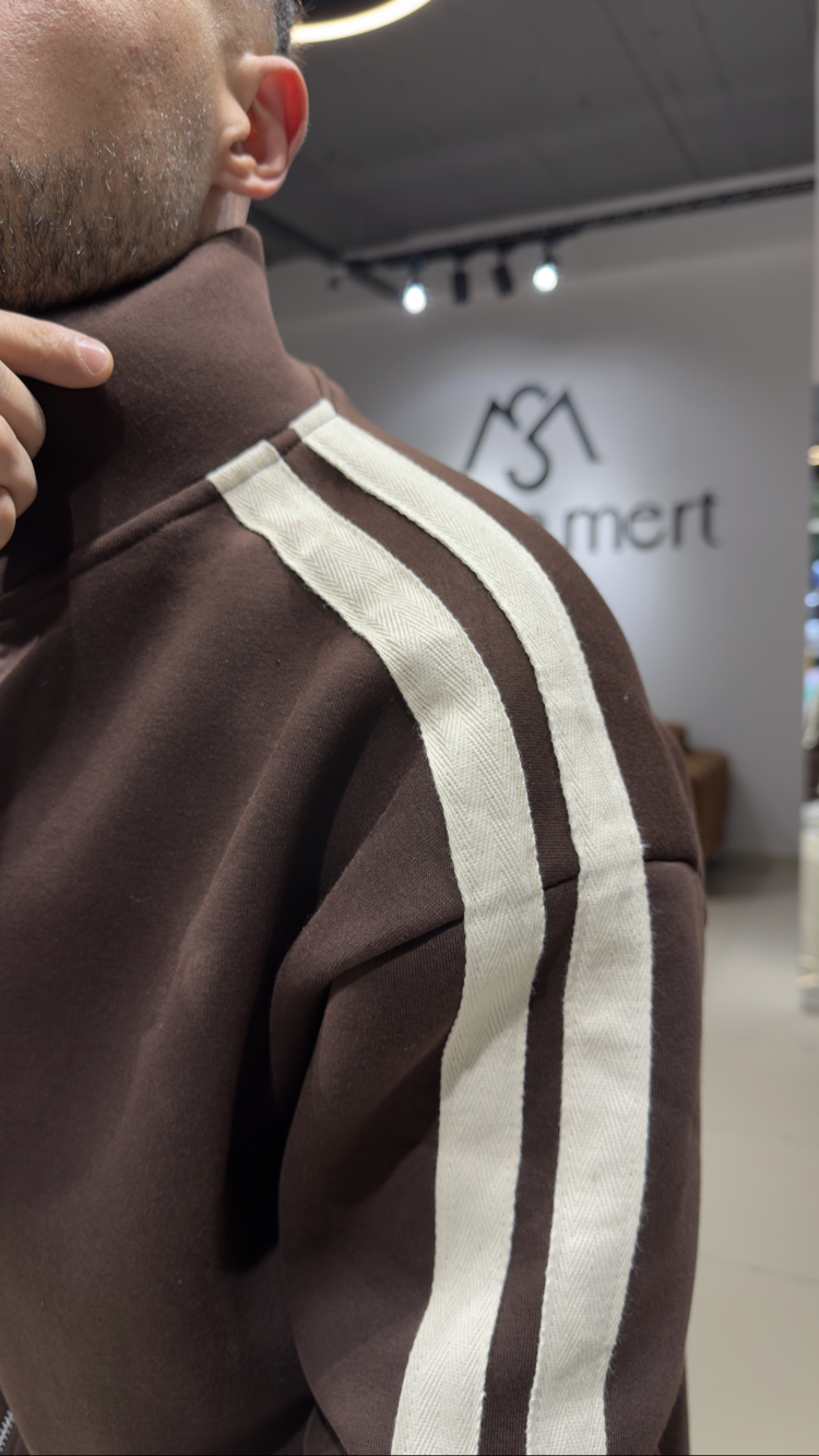 Oversize Şeritli Eşofman Takımı Kahverengi 