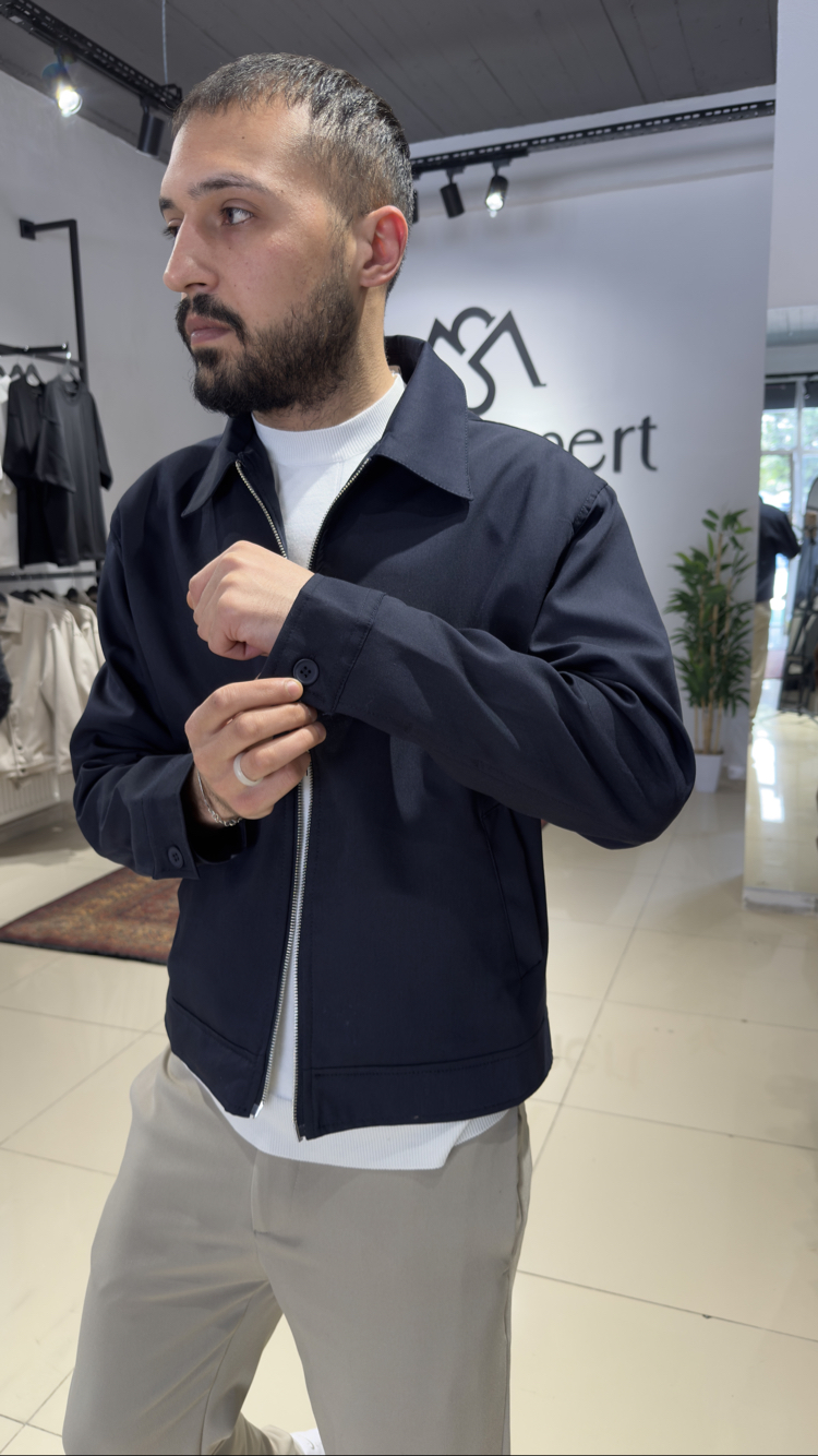 Crop Fit Çift Fermuarlı Mevsimlik Ceket Lacivert (Premium) 