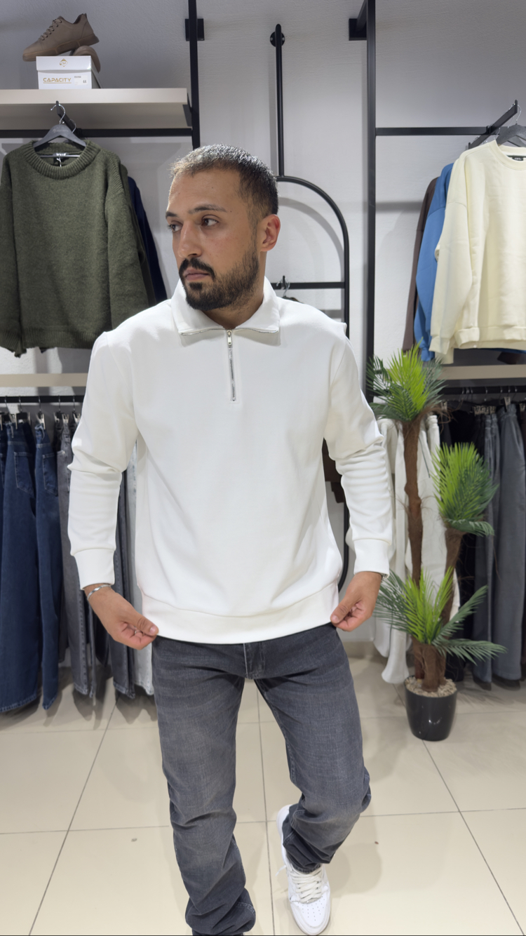 Regular İnterlok Kumaş Yarım Fermuar Sweatshirt Beyaz