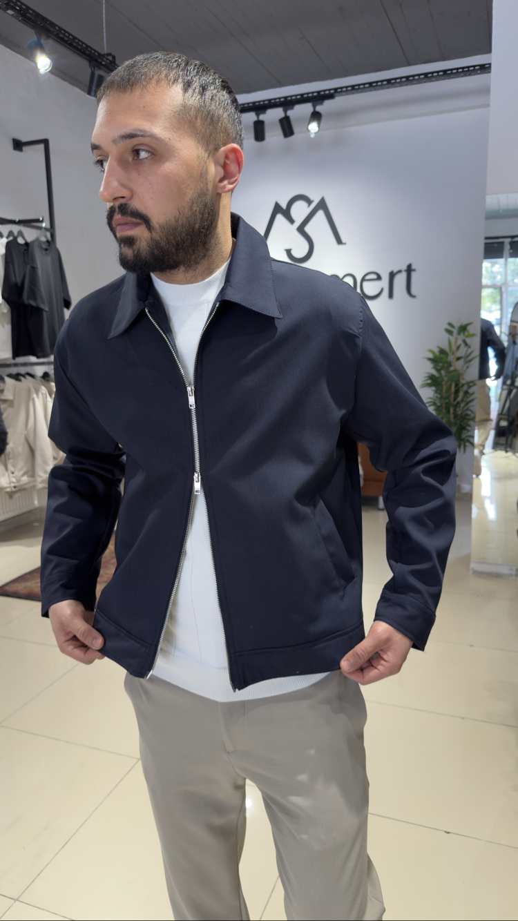 Crop Fit Çift Fermuarlı Mevsimlik Ceket Lacivert (Premium) 
